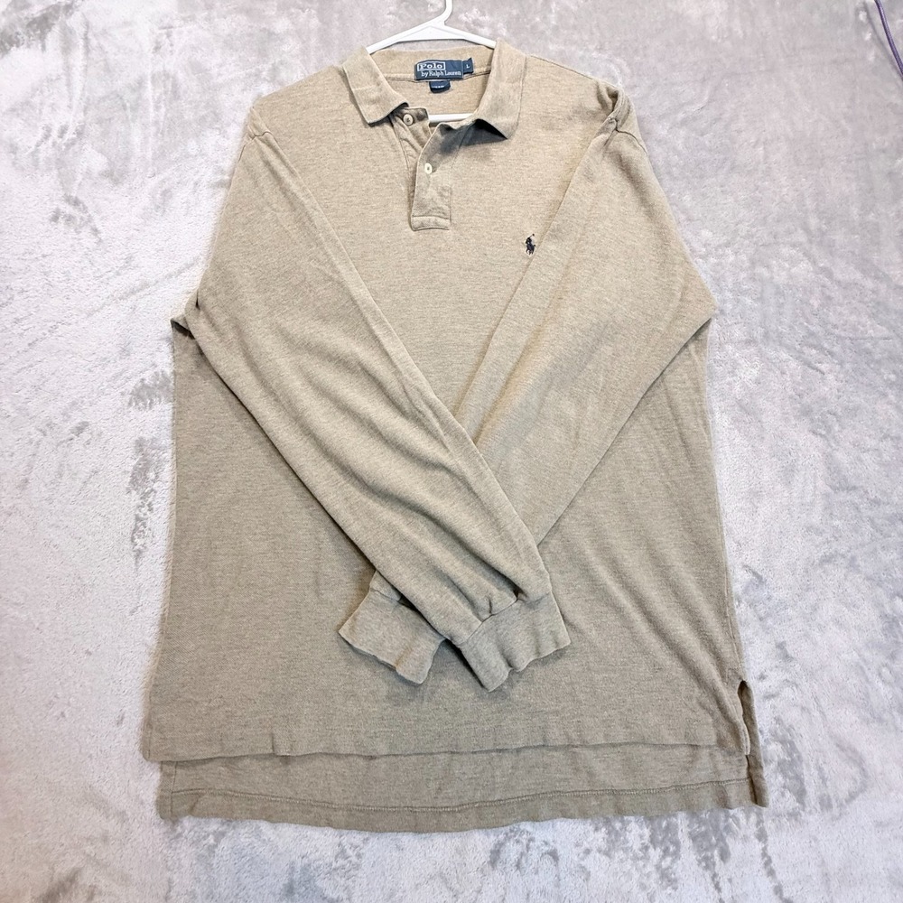 Polo Ralph Lauren Men's Long Sleeve Polo Shirt Khaki Beige Cotton Size Large - Picture 3 of 9